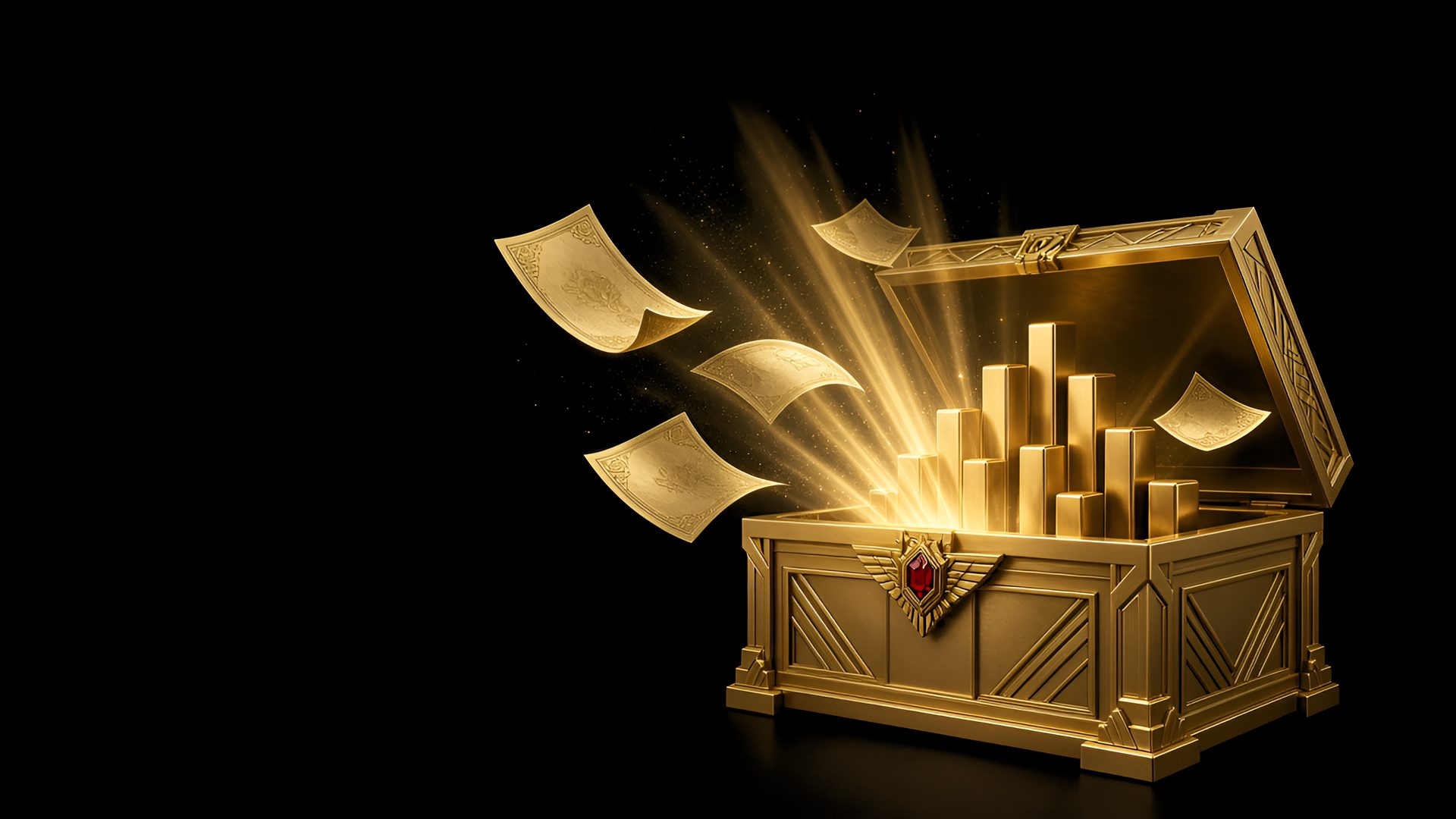 A gold treasure chest opens with rising gold bars and floating share certificates